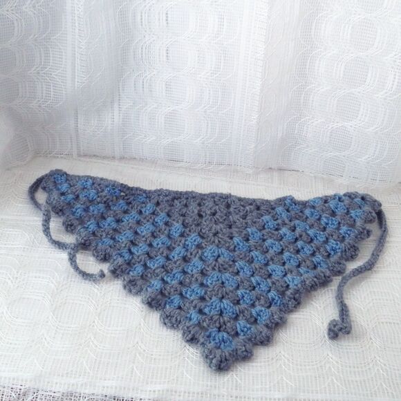 Handmade Crocheted Gray and Blue Bandana, Boho Style Head Covering, Cottage Core - Picture 4 of 7